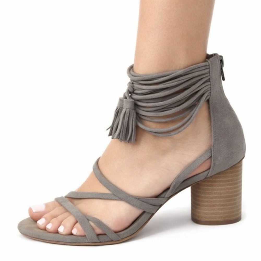 Jeffrey Campbell Despina Sandals Women 5.5 Grey Suede Fringe Lace Up Block‎ Heel